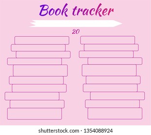 Tracker habits. Tracker reading books. Mark read books and learn. For students. Enter titles of books. Pink background. A stack of 20 books