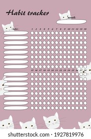 Tracker of habits for two weeks with cute cats on a pink background