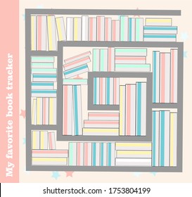 Tracker reading books. Book tracker. Template for organization. Vector illustration. Shelf with books.