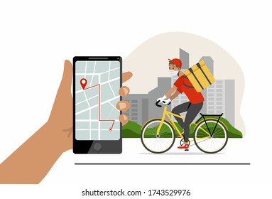 Tracker Tracking Food Delivery By Courier. Bike Delivery Service Concept, Courier Character Riding A Bicycle With Delivery Box. A Hand Holds A Phone With A Courier Path Map. Vector Illustration