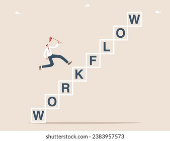 Tracking achievements during the workflow and completing tasks, strategy for successfully achieving goals and overcoming difficulties, path to success, a man runs along the steps of a workflow.