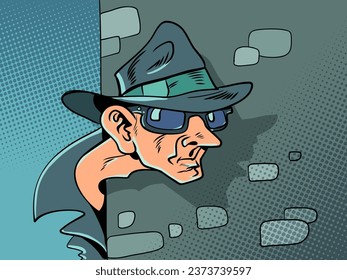 Tracking the actions of people. A threat to the security and safety of their data and actions. A man in suspicious clothes peeks out from the corner.