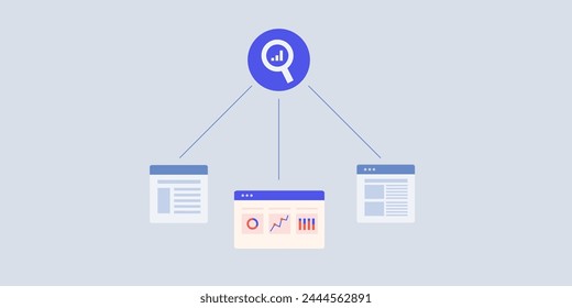 Tracking analytics software installed in website, monitoring website SEO, Social media, and traffic. Website report app - vector illustration background with icons