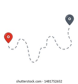 Tracking ants colony location by pest control. Road path of chaotic running ants with map pin signs. Follow the route line of travelling insects. Pest control and navigation concept. Vector  poster. 