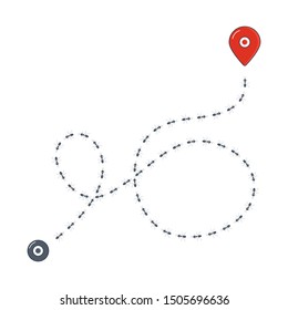 Tracking ants colony location by pest control. Road path of chaotic running ants with map pin signs. Follow the route line of travelling insects. Pest control and navigation concept. Vector  poster. 