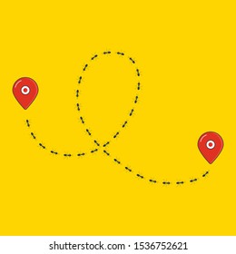 Tracking ants colony location by pest control. Road path of chaotic running ants with map pin signs. Follow the route line of travelling insects. Pest control and navigation concept. Vector  poster. 
