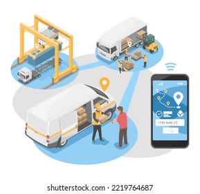 tracking app process management logistic concept with shipping warehouse and delivery isometric vector symbols