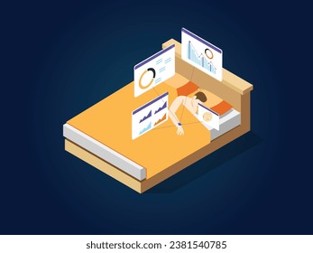 Tracking biorhythms with smart watch during sleep isometric 3d vector concept for illustration, banner, website, landing page, flyer, etc.