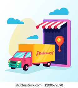 Tracking by smartphone online cargo delivery. Delivery tracking way car map concept. Vector flat cartoon isolated graphic design illustration