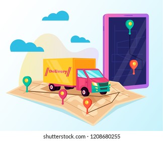 Tracking by smartphone online cargo delivery. Delivery tracking way car map concept. Vector flat cartoon isolated graphic design illustration