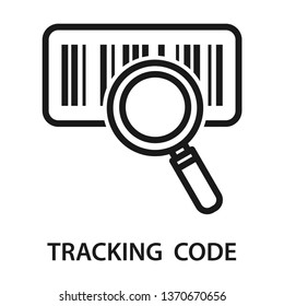 Tracking code, magnifier with barcode icon. Stroke outline style. Vector. Isolate on white background.