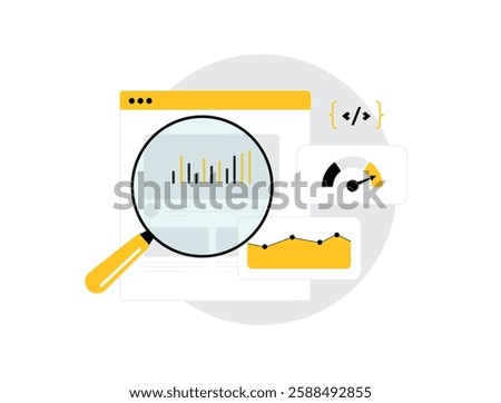 Tracking code in web analytics. Monitoring user behavior, speed test, collecting data and analyzing website traffic. Tracking code setup for insights, performance metrics, real-time visitor analysis