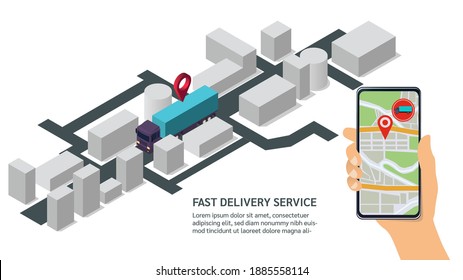 Tracking concept fast delivery service. Isometric truck on the way tracked with mobile apps.