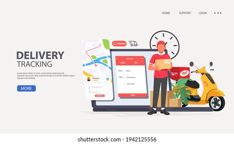 Tracking concept fast delivery service with laptop, flat infographics creative design for app. vector