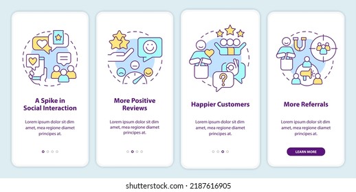 Tracking customer engagement onboarding mobile app screen. Walkthrough 4 steps editable graphic instructions with linear concepts. UI, UX, GUI template. Myriad Pro-Bold, Regular fonts used