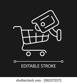 Tracking customers with camera white linear icon for dark theme. Protecting against robbery attacks. Thin line customizable illustration. Isolated vector contour symbol for night mode. Editable stroke