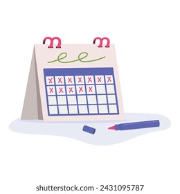 Tracking daily habits concept. Desk calendar with crosses drawn to mark off days. Modern flat vector graphic illustration.