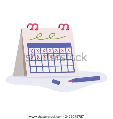 Tracking daily habits concept. Desk calendar with crosses drawn to mark off days. Modern flat vector graphic illustration.