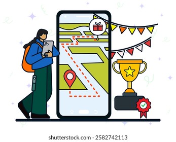 Tracking delivery apps concept. A young woman using smartphone to tracking of her giftbox. Achievement surprise, party gift, GPS maps, navigation delivery. 