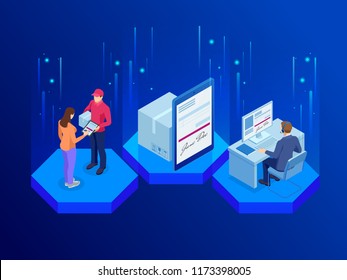 Tracking delivery by parcel, delivery service concept. Woman accepting a delivery of boxes from deliveryman. Isometric vector illustration.