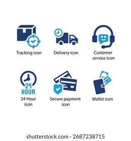 Seguimiento, entrega, Servicio al cliente, 24 horas, pago seguro, billetera, azul Icon Set