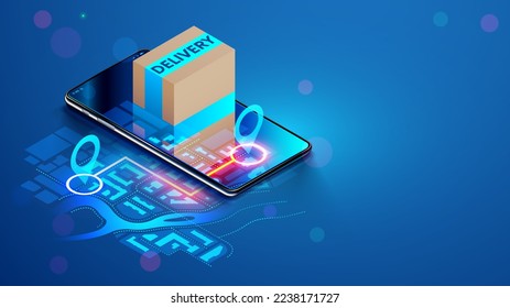 Tracking delivery online order in phone app. Show location courier on map on screen smartphone. GPS tracking shipping box package. Box with order pops out of phone screen. Online logistics concept.