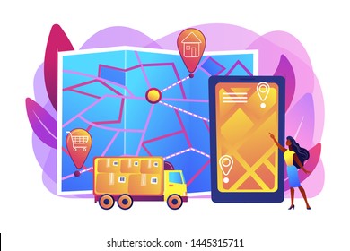 Tracking delivery, package on smartphone application. Delivery point validation, delivery driver app, independent courier concept. Bright vibrant violet vector isolated illustration