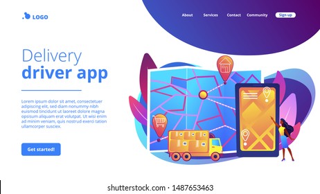 Tracking delivery, package on smartphone application. Delivery point validation, delivery driver app, independent courier concept. Website homepage landing web page template.