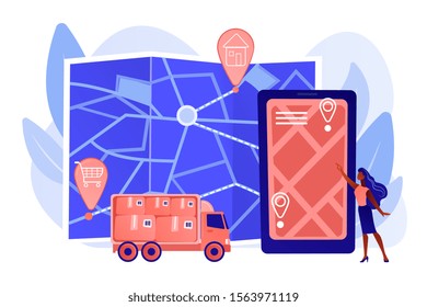 Tracking delivery, package on smartphone application. Delivery point validation, delivery driver app, independent courier concept. Pinkish coral bluevector isolated illustration