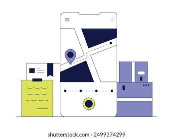 Tracking the delivery of a package ordered through an application online, vector illustration.