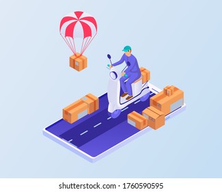 Tracking delivery smartphone isometric concept. Courier delivery visible from web application white scooter carries box goods from behind, boxes sides waiting their vector line new ones parachuted.