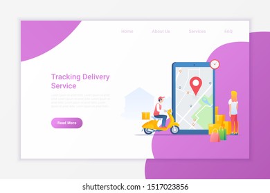 Tracking Delivery of your Package box Online with Smartphone Flat vector illustration. Woman looking on Mobile phone for delivery status of Courier on Motorbike.