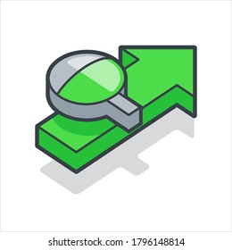 Tracking development, arrow, magnifier isometric flat icon. 3d vector colorful illustration. Pictogram isolated on white background.