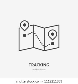 Tracking flat line icon. Map with location pins sign. Thin linear logo for delivery, freight services.