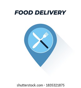 Tracking food flat icon. Vector illustration of a location sign with fork and knife symbol on it. Represents a concept of finding a place to eat, cafe position, food delivery, tracking food order