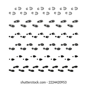 Verfolgung von Fußspuren. Menschliche Fußschuhsohle-Trail-Symbole, Menschen Stiefel Trace Silhouette Fußweg Drucke Wanderweg Navigation. Vektor-Kollektion einzeln auf dem Weg, menschliche Fußgrafik