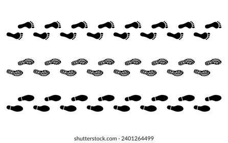 Tracking footprints shoes human walking and shoe sole feet footsteps people. Footsteps icon or sign for print isolated on white background. Vector illustration