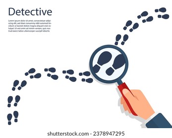 Tracking footsteps with hand holding magnifying glass. Detective investigate mystery footprint. Spy inspect shoe's mark. vector illustration