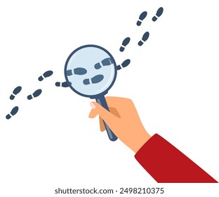 Tracking footsteps with a magnifying glass. Detective following footprint symbol. Tracing, Finding, or searching for clues. Investigation concept. Vector illustration