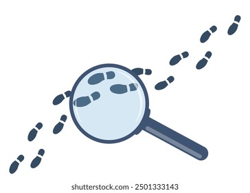 Tracking footsteps with a magnifying glass. Detective following footprint symbol. Tracing, Finding, or searching for clues. Investigation concept. Vector illustration