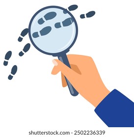 Tracking footsteps with a magnifying glass. Detective following footprint symbol. Tracing, Finding, or searching for clues. Investigation concept. Vector illustration