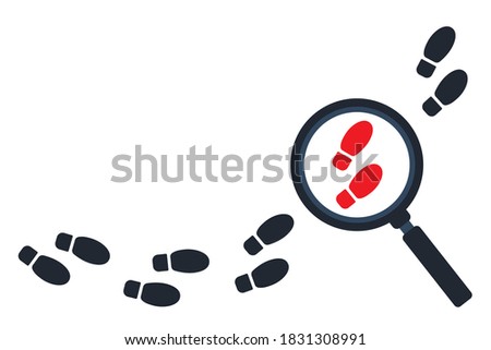 Tracking footsteps with a magnifying glass. Detective following footprint symbol. Tracing, Finding, or searching for clues. Investigation concept. Vector Flat style. Graphic design illustration. Сток-фото © 