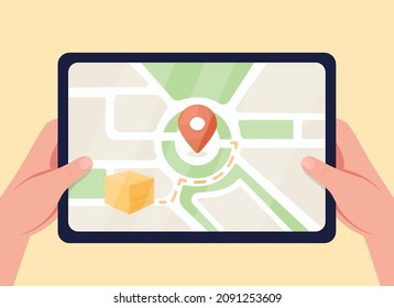 Tracking GPS flat color vector illustration. Navigation for postal order. Internet service for shipment. Tablet with tracking on online map 2D cartoon first view hand with abstract on background