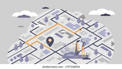 Tracking GPS location in map with navigation position tiny persons concept. Pointer ir destination place and actual site vector illustration. Positioning service with city mapping and route search.