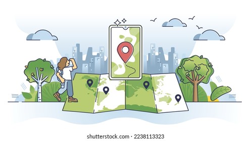 Tracking GPS signal for navigation routes and direction outline concept. Global positioning system with precise location pin on map vector illustration. Path planning with satellite connection data.