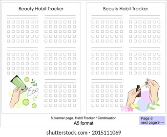 Tracking Habits. Beauty Habits Tracking Template For Planner.
Vector Illustrations Of Hands With Cuticle Cream And Oil.
8 Page.