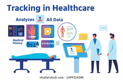 Tracking in Healthcare via RFID or NFC Technology. All Data, Analysis, Patient Medical History in Nanochip Installed in Human Body. Doctors Receiving Info in One Click. Vector Flat Illustration