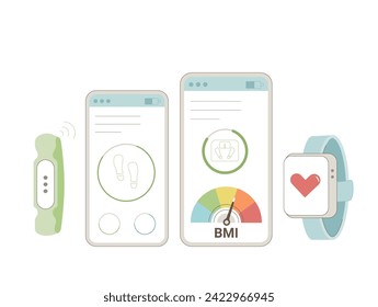 Tracking healthy habits. Sports medicine industry for loss weight. Fitness application. BMI and count of steps. Chart indicator. Weight loss control. Vector flat illustration.