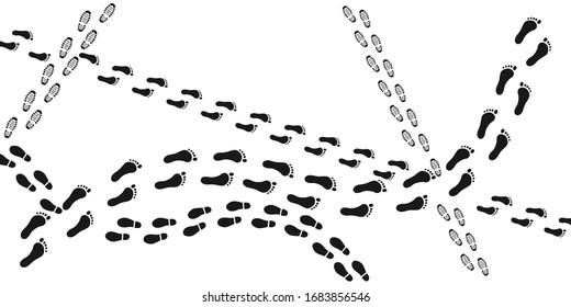 Tracking human shoes, footsteps, paws people silhouette, hiking, route, steps, sign, foot, track, footprints icon vector illustration