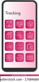 tracking icon set. included gift, shopping bag, online shop, megaphone, 24-hours, sale, package, money, like, warranty, barcode icons on phone design background . linear styles.